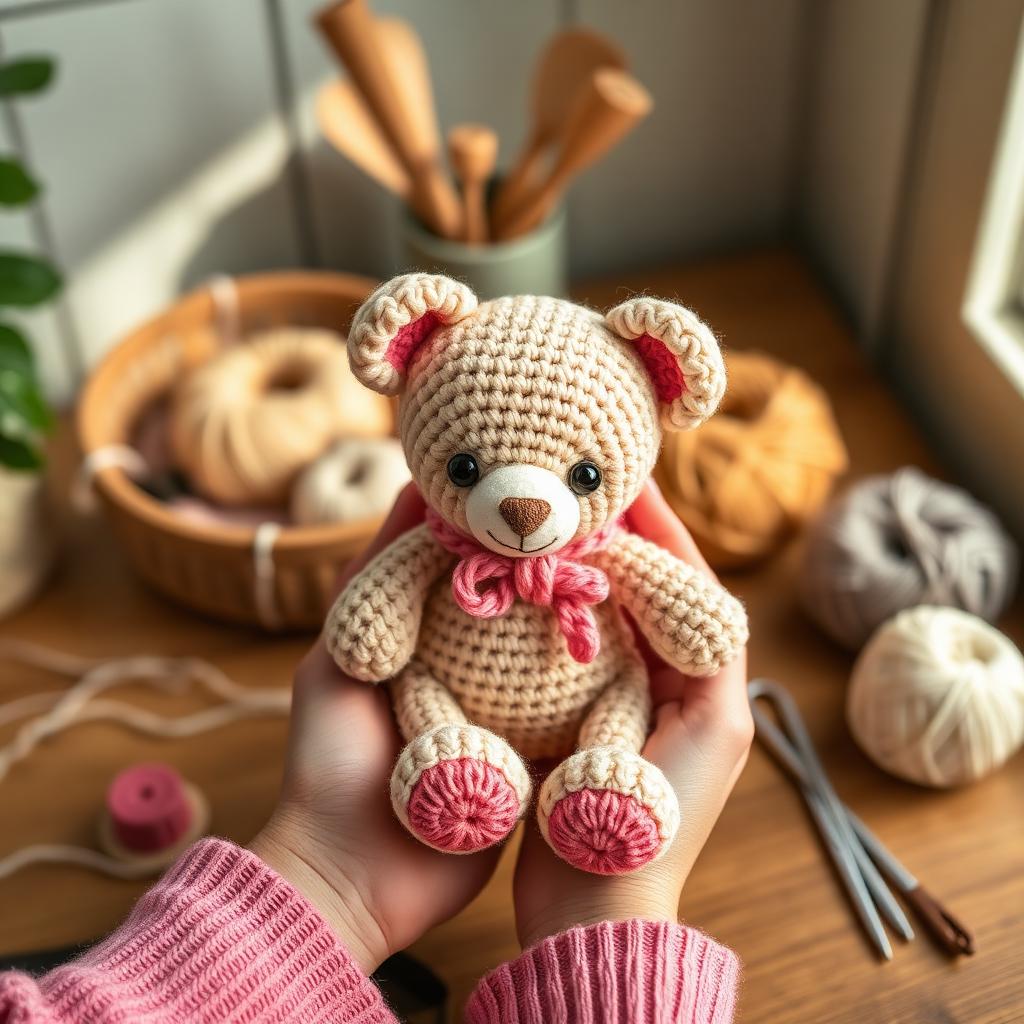 Mulher segurando um lindo amigurumi de ursinho feito à mão